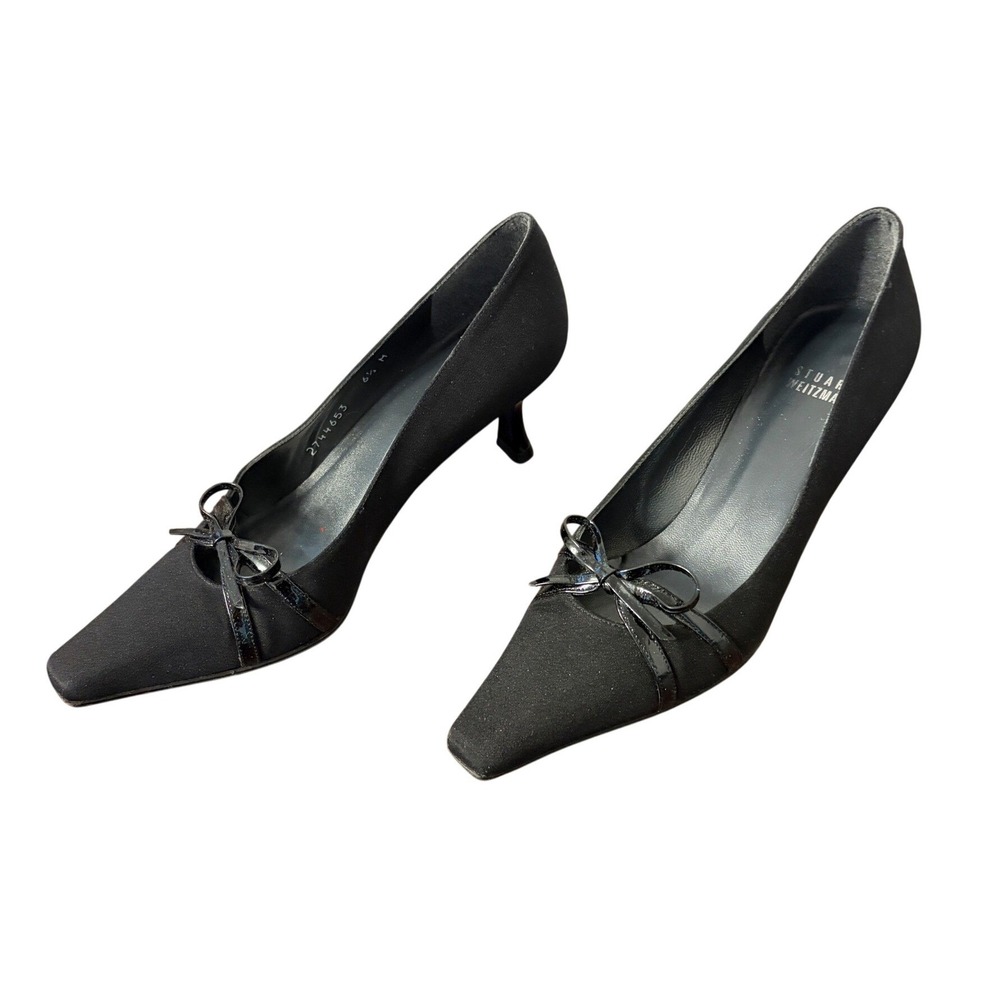 Vintage Stuart Weitzman Black Fabric Kitten Heel Bow Pumps 6.5M